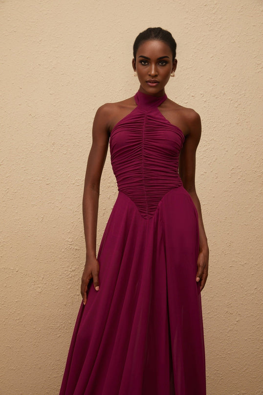 Esme Purple Wine Maxi Dress with Halter Neck and Ruched Detailing