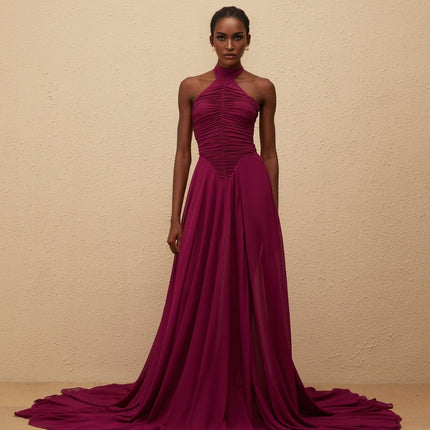 Esme Purple Wine Maxi Dress with Halter Neck and Ruched Detailing