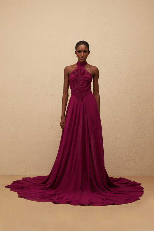 Esme Purple Wine Maxi Dress with Halter Neck and Ruched Detailing