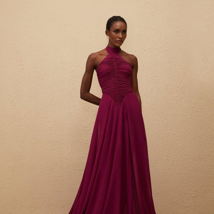 Esme Purple Wine Maxi Dress with Halter Neck and Ruched Detailing