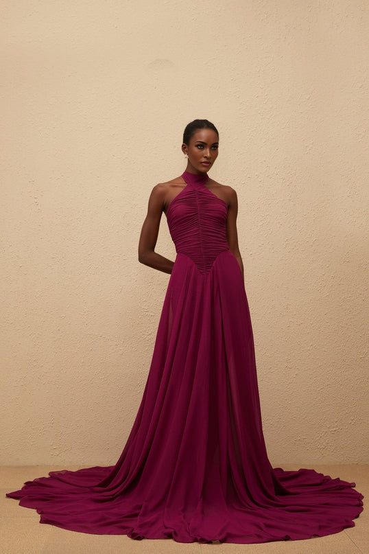 Esme Purple Wine Maxi Dress with Halter Neck and Ruched Detailing