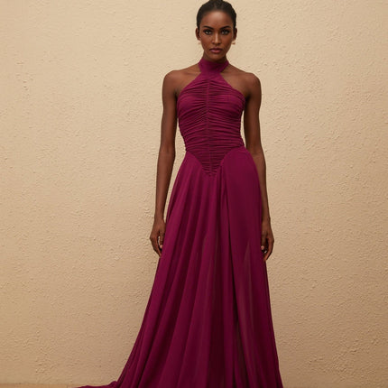Esme Purple Wine Maxi Dress with Halter Neck and Ruched Detailing