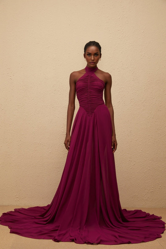 Esme Purple Wine Maxi Dress with Halter Neck and Ruched Detailing