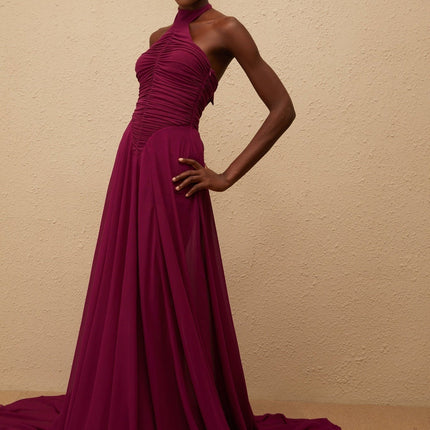 Esme Purple Wine Maxi Dress with Halter Neck and Ruched Detailing