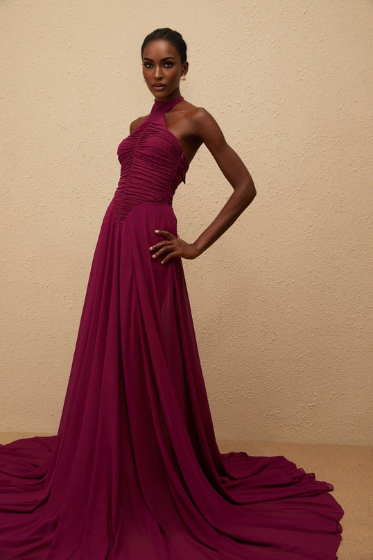 Esme Purple Wine Maxi Dress with Halter Neck and Ruched Detailing