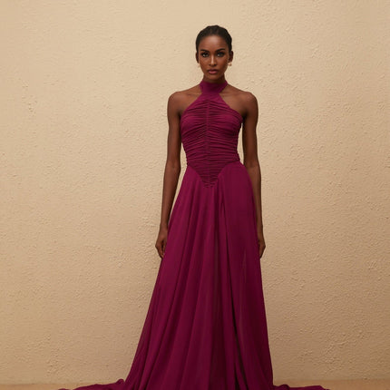 Esme Purple Wine Maxi Dress with Halter Neck and Ruched Detailing