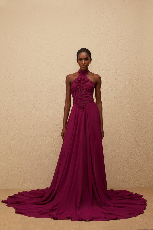 Esme Purple Wine Maxi Dress with Halter Neck and Ruched Detailing