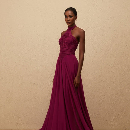 Esme Purple Wine Maxi Dress with Halter Neck and Ruched Detailing