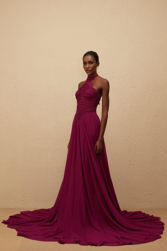 Esme Purple Wine Maxi Dress with Halter Neck and Ruched Detailing