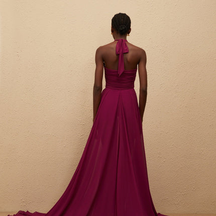 Esme Purple Wine Maxi Dress with Halter Neck and Open Back in Terylene Fiber