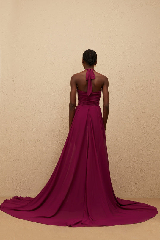 Esme Purple Wine Maxi Dress with Halter Neck and Open Back in Terylene Fiber