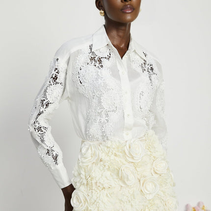 Esme White Lace Embroidered Cut Out Buttoned Shirt