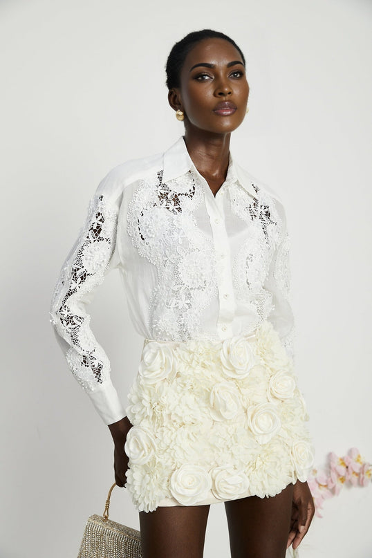 Esme White Lace Embroidered Cut Out Buttoned Shirt