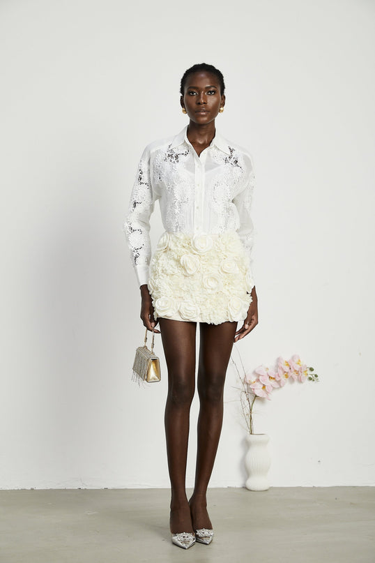 Esme White Lace Embroidered Cut Out & Buttoned Shirt