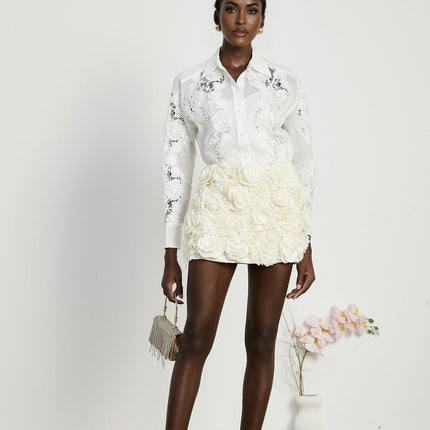 Esme White Lace Embroidered Cut Out Buttoned Shirt
