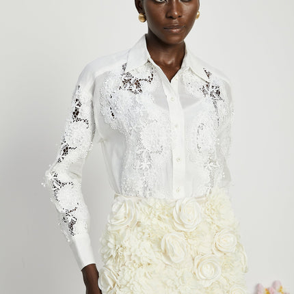 Esme White Lace Embroidered Cut Out Buttoned Shirt
