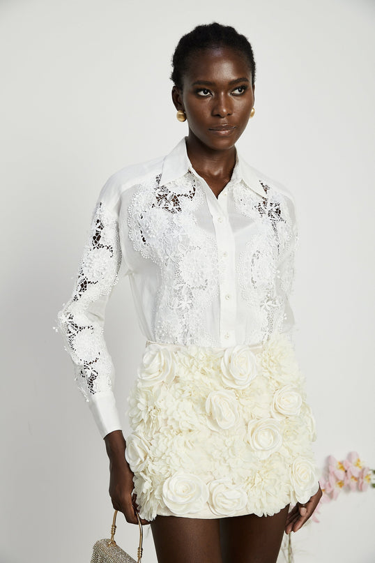 Esme White Lace Embroidered Cut Out Buttoned Shirt
