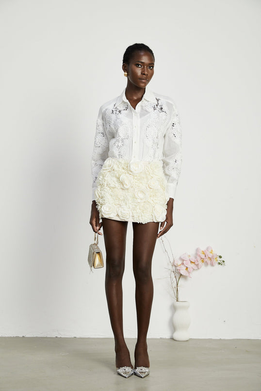 Esme White Lace Embroidered Cut Out Buttoned Shirt