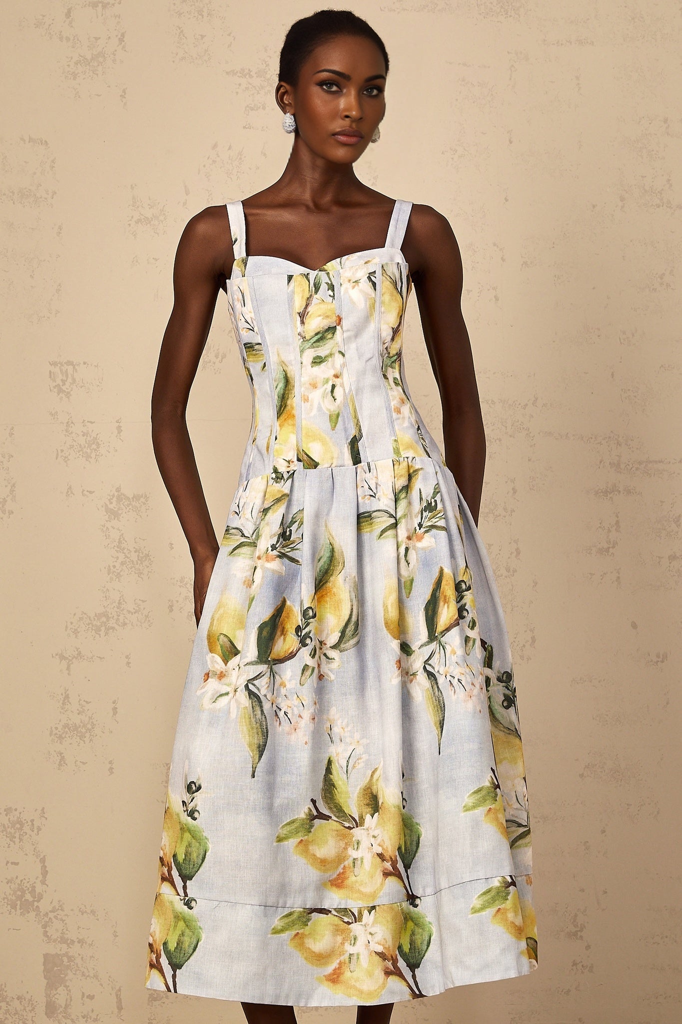 Esmée Blue Cottagecore Shirred Floral Midi Dress