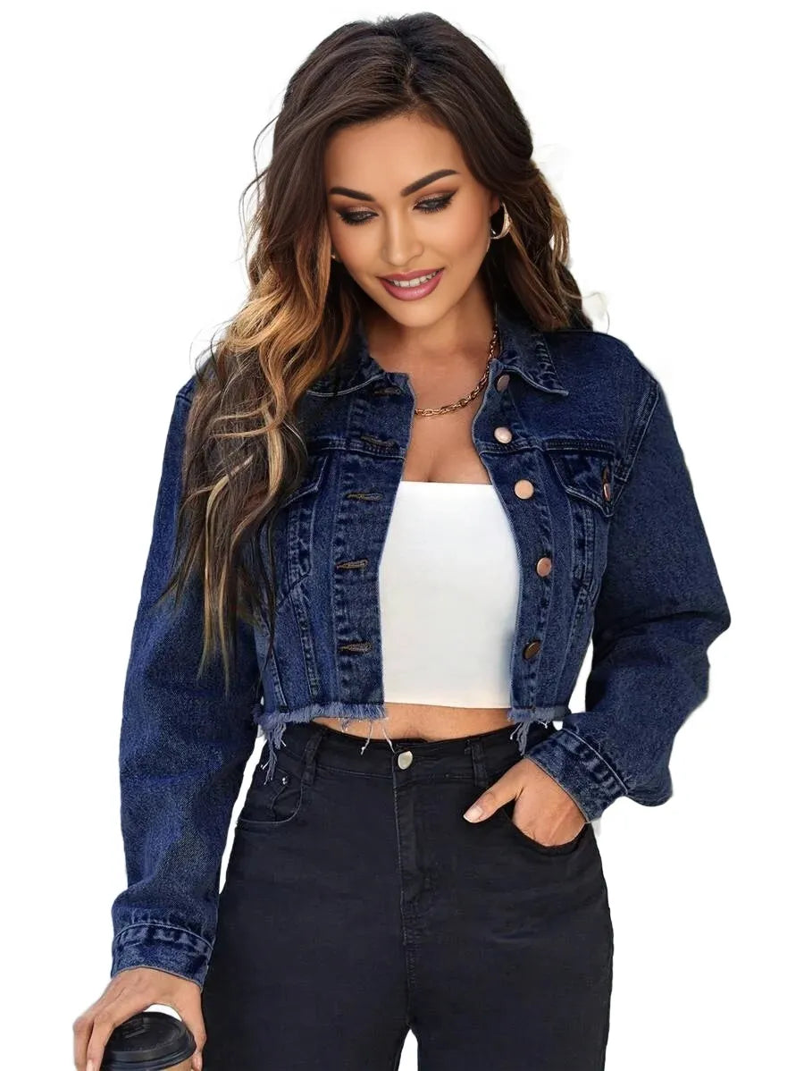 Essnce Flap Detail Raw Hem Crop Denim Jacket