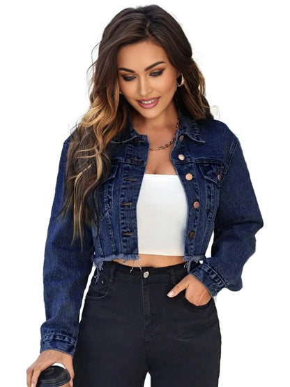 Essnce Flap Detail Raw Hem Crop Denim Jacket