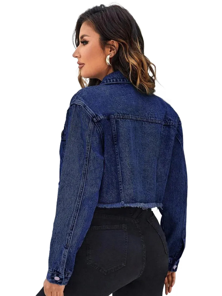 Essnce Flap Detail Raw Hem Crop Denim Jacket