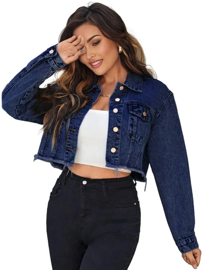 Essnce Flap Detail Raw Hem Crop Denim Jacket