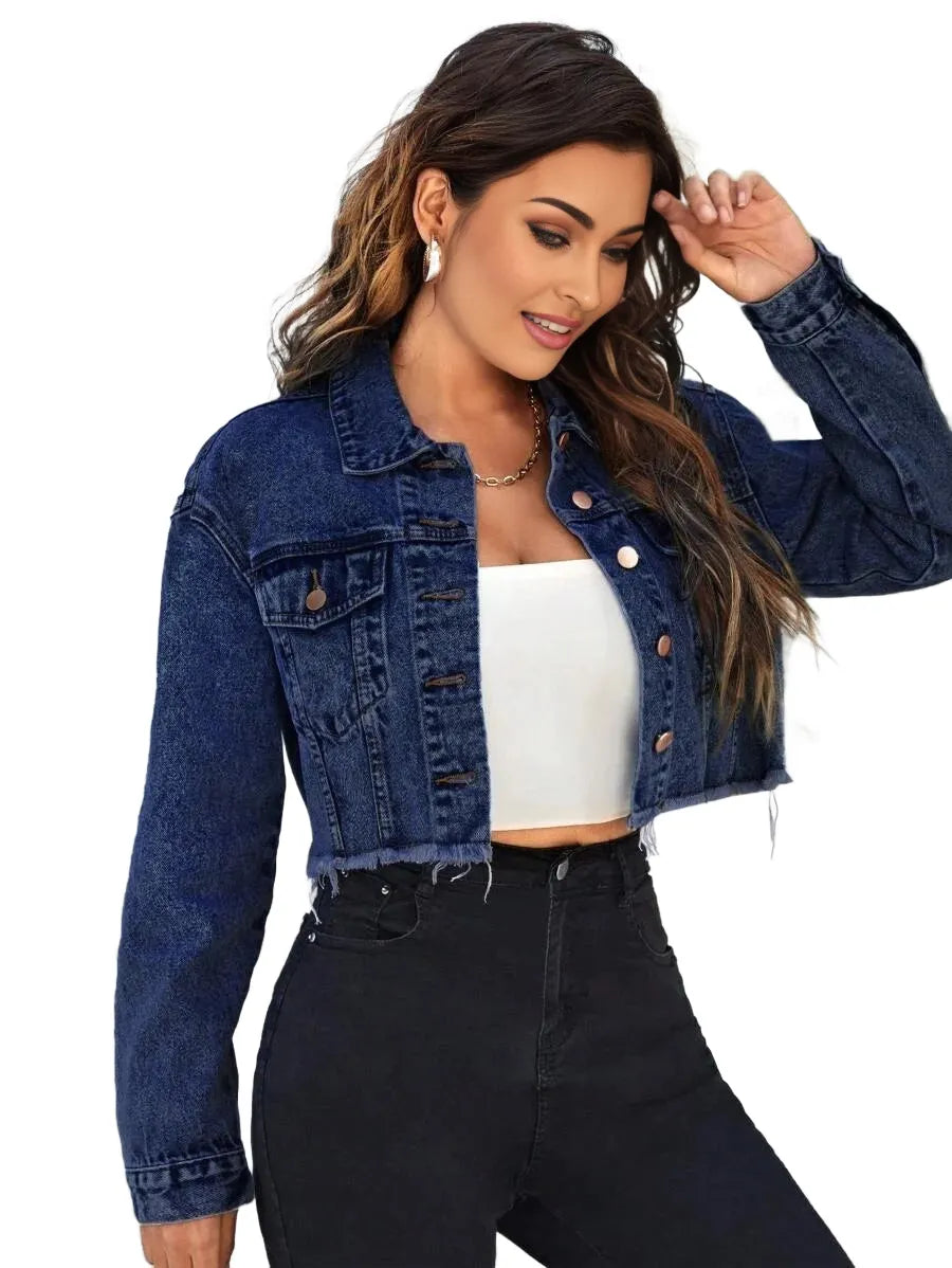 Essnce Flap Detail Raw Hem Crop Denim Jacket