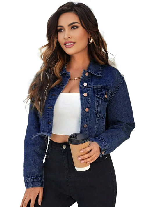 Essnce Flap Detail Raw Hem Crop Denim Jacket