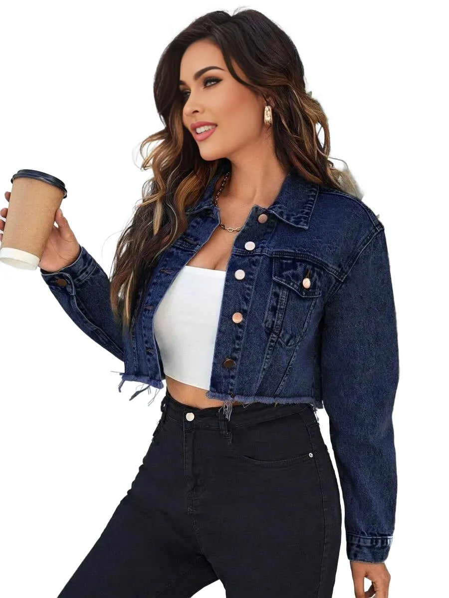 Essnce Flap Detail Raw Hem Crop Denim Jacket