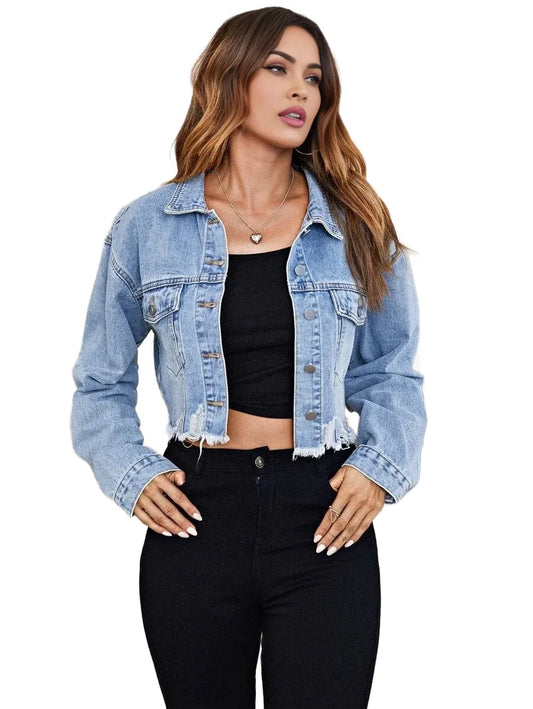 Essnce Flap Pocket Ripped Raw Hem Denim Jacket