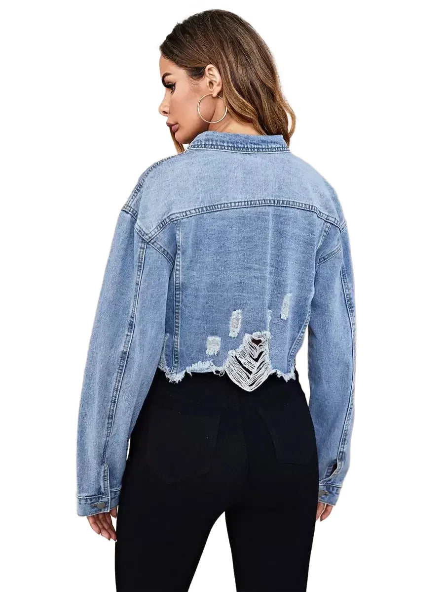 Essnce Flap Pocket Ripped Raw Hem Denim Jacket