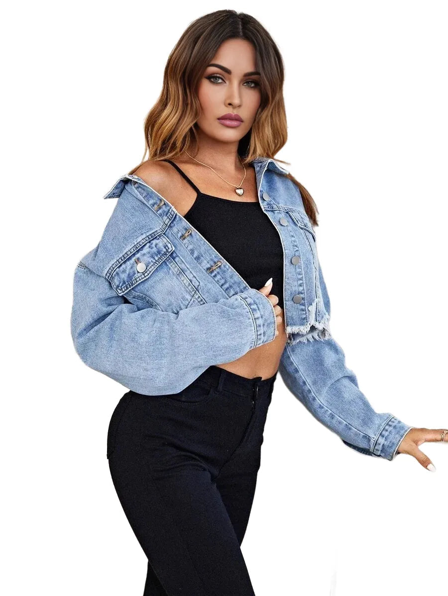 Essnce Flap Pocket Ripped Raw Hem Denim Jacket