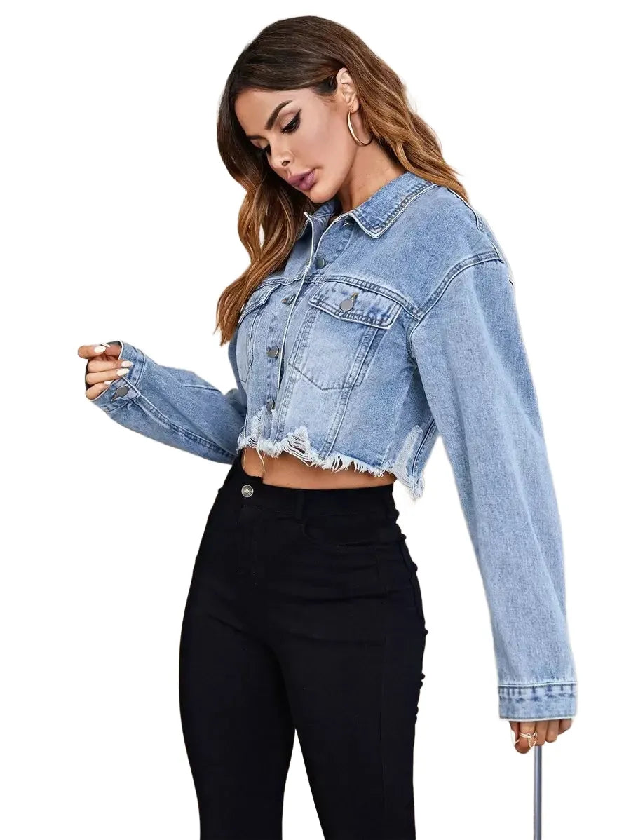 Essnce Flap Pocket Ripped Raw Hem Denim Jacket