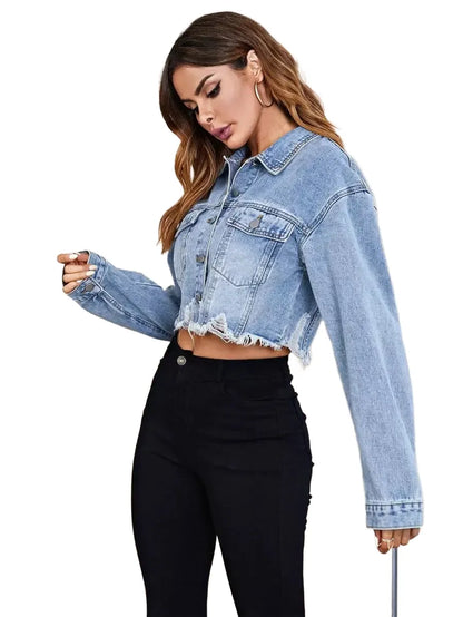 Essnce Flap Pocket Ripped Raw Hem Denim Jacket