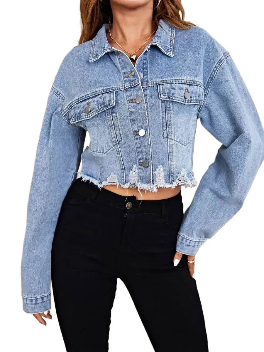 Essnce Flap Pocket Ripped Raw Hem Denim Jacket