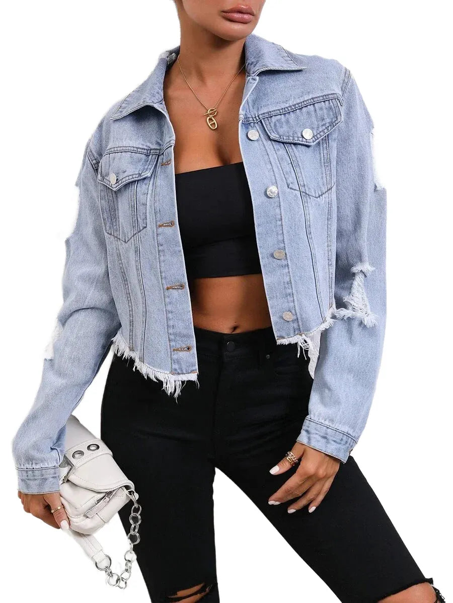 Essnce Ripped Raw Hem Crop Denim Jacket