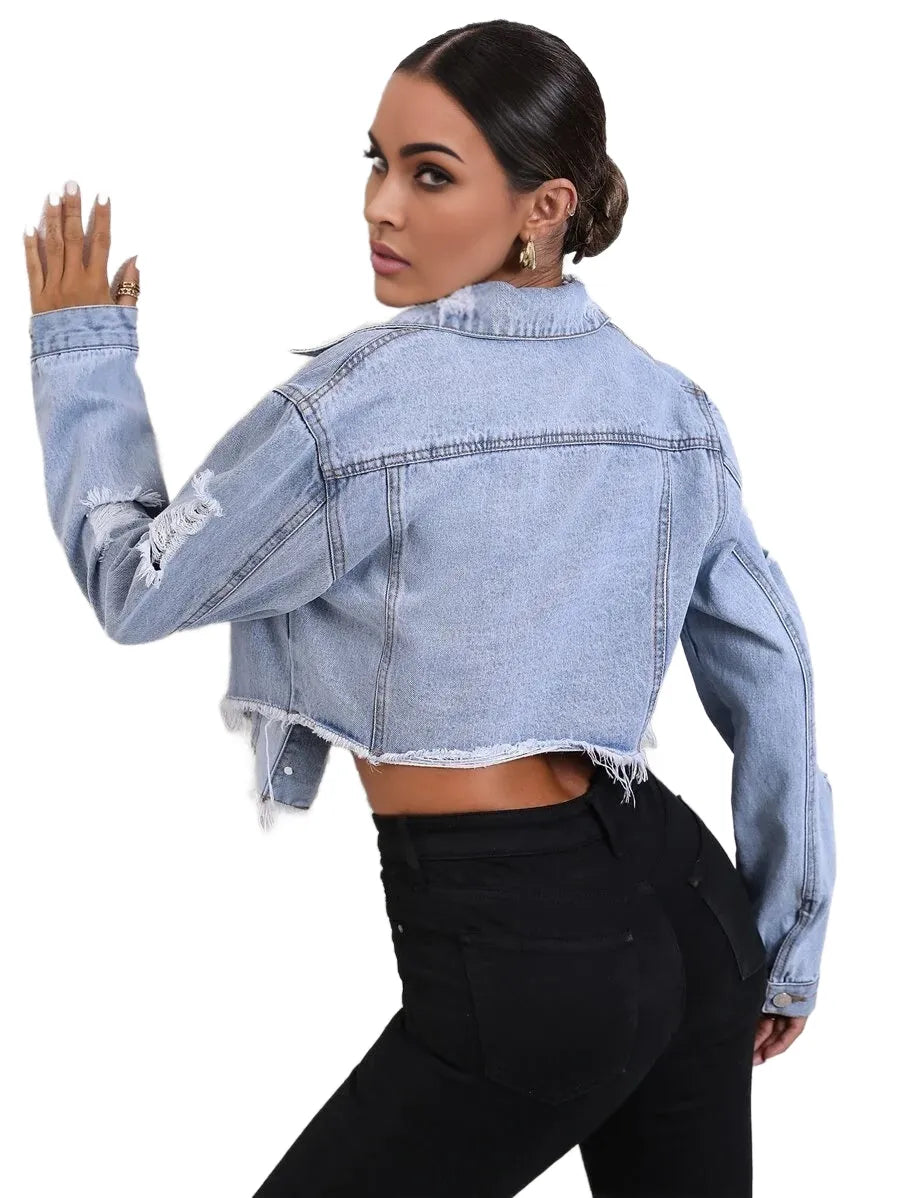 Essnce Ripped Raw Hem Crop Denim Jacket