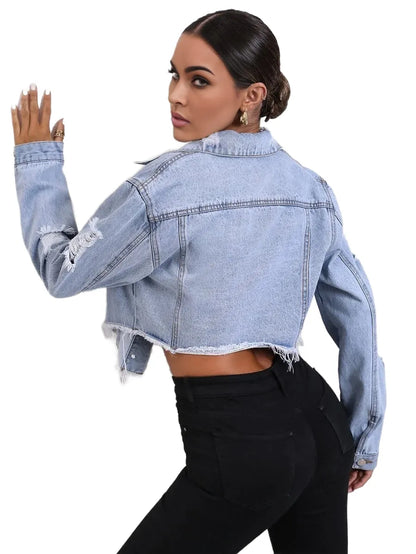 Essnce Ripped Raw Hem Crop Denim Jacket