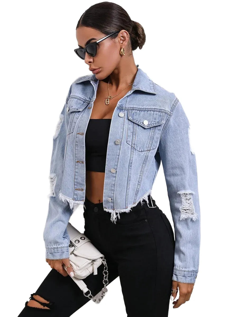 Essnce Ripped Raw Hem Crop Denim Jacket