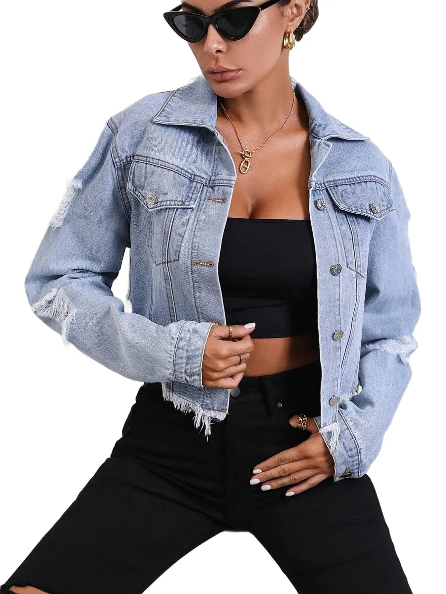 Essnce Ripped Raw Hem Crop Denim Jacket