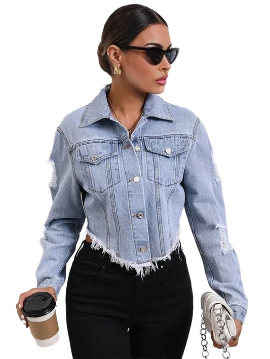 Essnce Ripped Raw Hem Crop Denim Jacket
