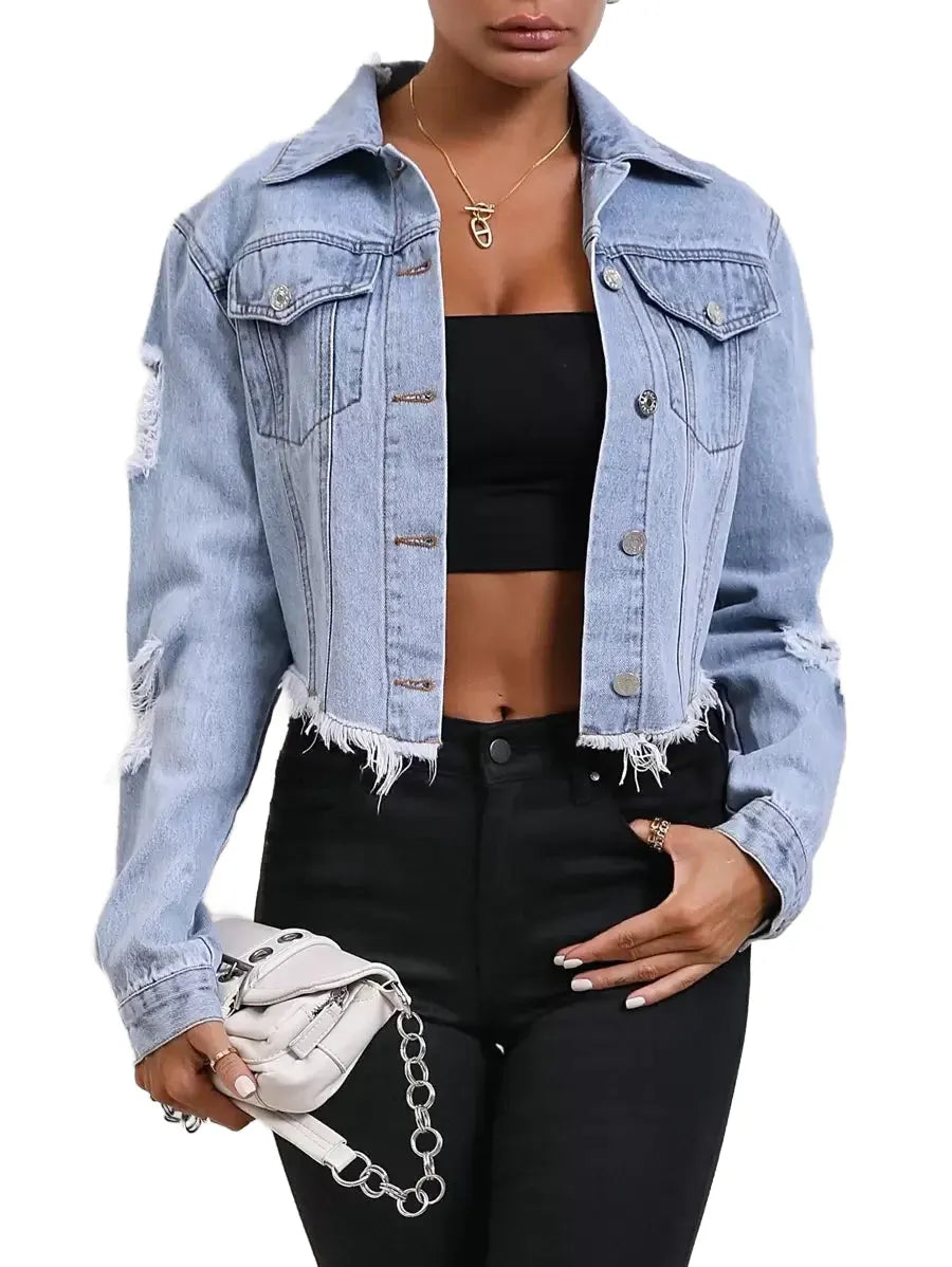 Essnce Ripped Raw Hem Crop Denim Jacket