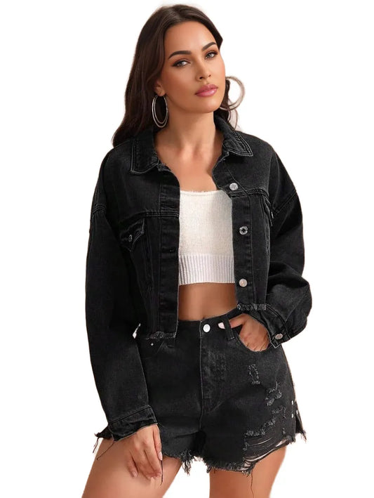 Essnce Womens Dark Colored TurnDown Collar Denim Jacket
