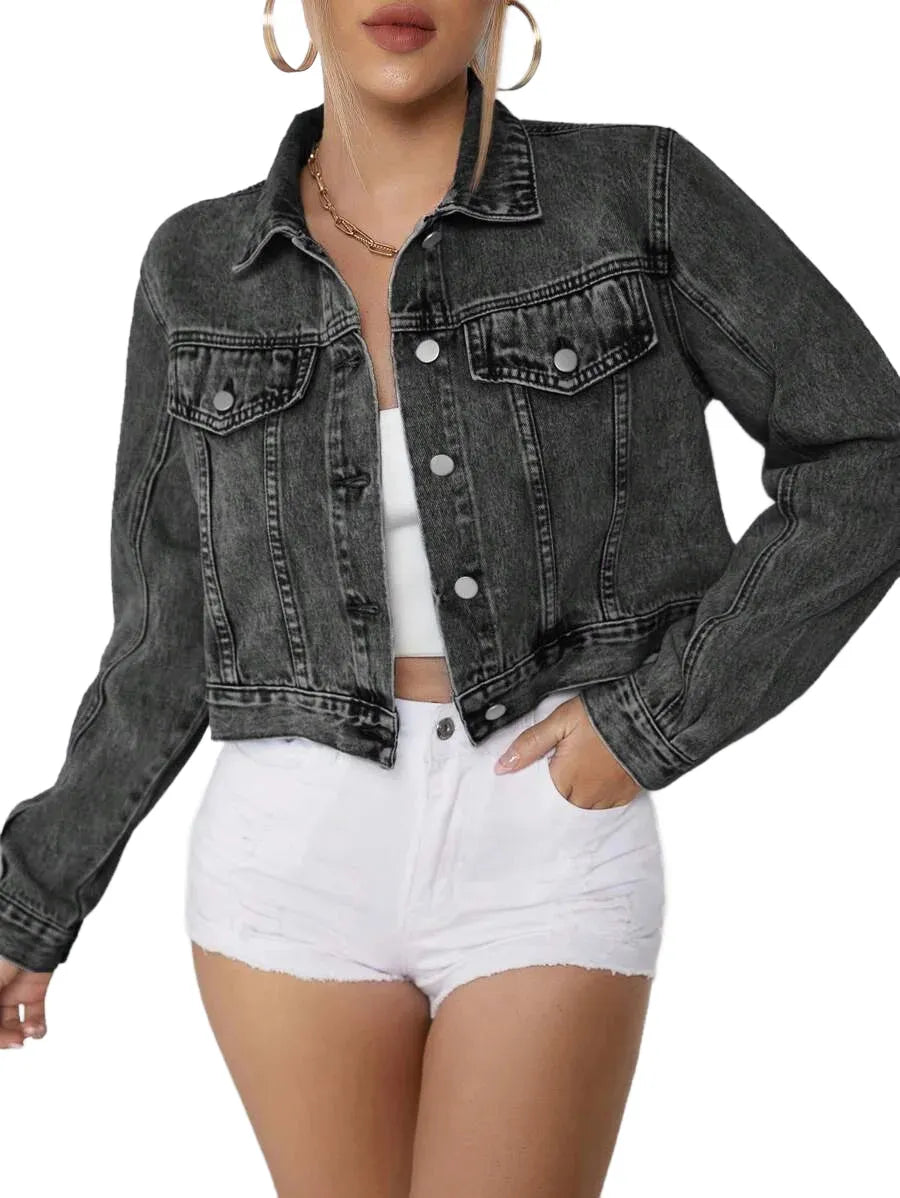 Essnce Womens Long Sleeve SingleBreasted Casual Versatile Denim Jacket Autumn