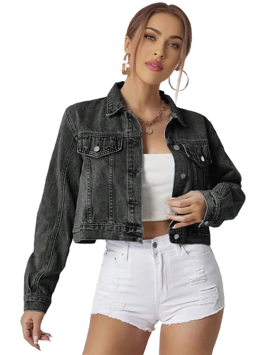 Essnce Womens Long Sleeve SingleBreasted Casual Versatile Denim Jacket Autumn