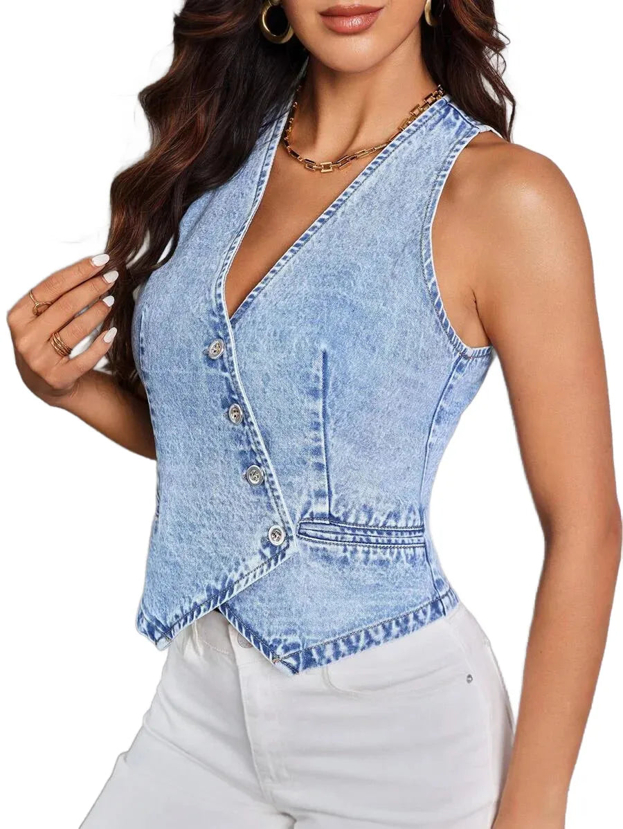 Essnce Womens Sleeveless Washed Denim Jacket