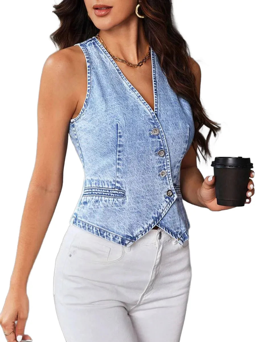 Essnce Womens Sleeveless Washed Denim Jacket