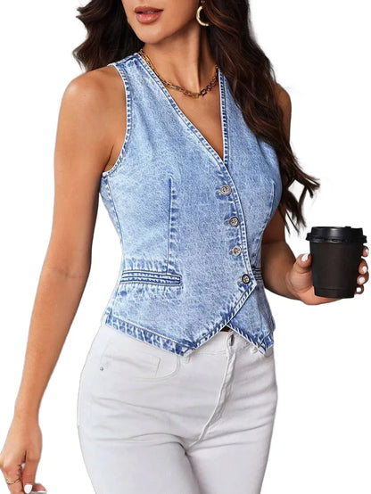 Essnce Womens Sleeveless Washed Denim Jacket