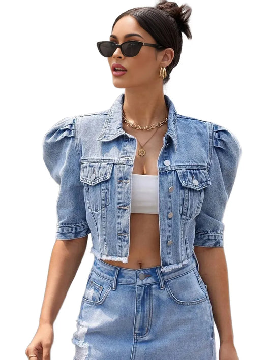 Essnce Womens Solid Color Frayed Hem Button Front Casual Denim Jacket With Pockets